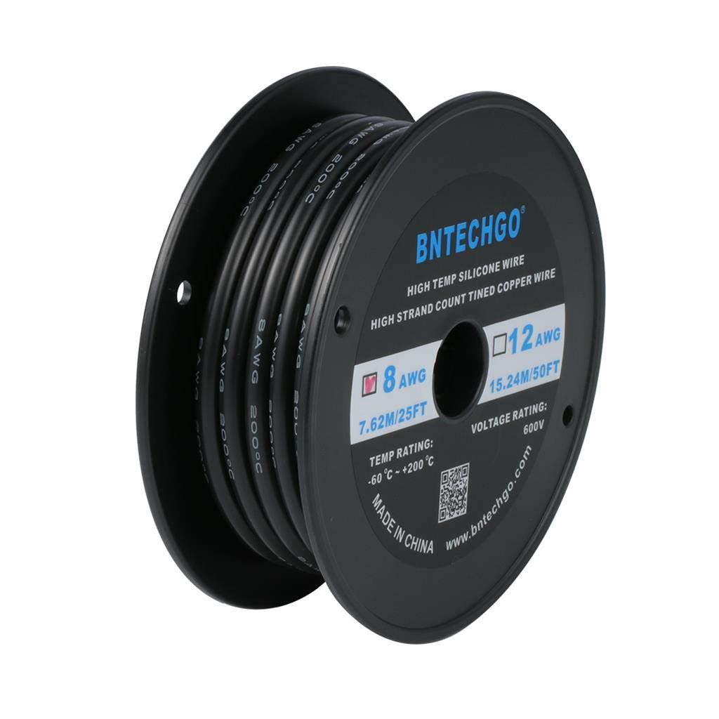 BNTECHGO 8 Gauge Silicone Wire Spool Black 25 ft Ultra Flexible High Temp 200 deg C 600V 8 AWG Silicone Rubber Wire 1650 Strands of Tinned Copper Wire Stranded Wire for Model Low Impedance
