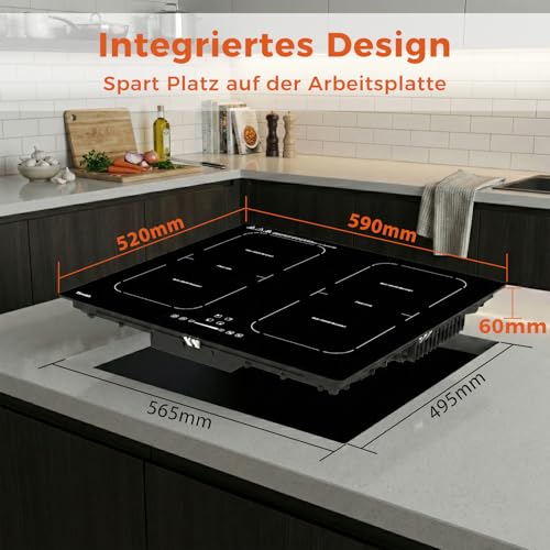 Topwish Induction Hob 4 Plates with Flex Zones, Induction Hob Built-in 60 cm, Hob 4 Hobs with Boost Function, Timer, Child Lock, Overheating Protection and Keeping Warm, 7200 W