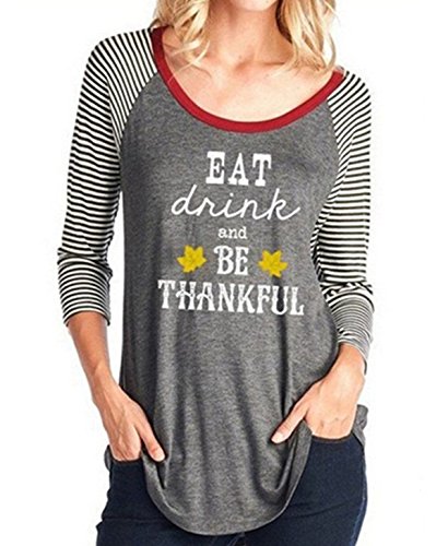 MNLYBABY Women Eat Drink and Be Thankful Letters Print T-Shirt Splicing 3/4 Sleeve Top Tees Size S (Grey)