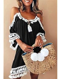 Yanlisenti Vestido fuera del hombro para mujer Correa de espagueti negra Borla Verano Playa Vestidos casuales