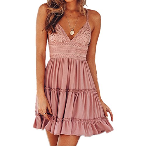 Mai Poetry Womens V-Neck Spaghetti Strap Bowknot Backless Sleeveless Lace Mini Swing Skater Dress (Medium, Pink)