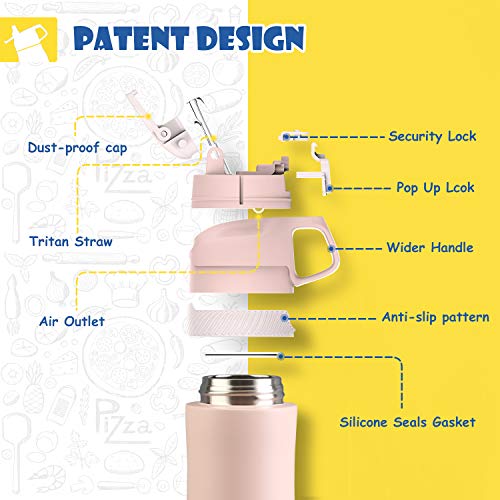 FEIJIAN FJbottle Kids Insulated Stainless Steel Water Bottle with Straw Lid, 14 oz, New Anti-Colic with AirFree Vent Technology Patent Design Care for Kids, BPA Free, Blush Pink