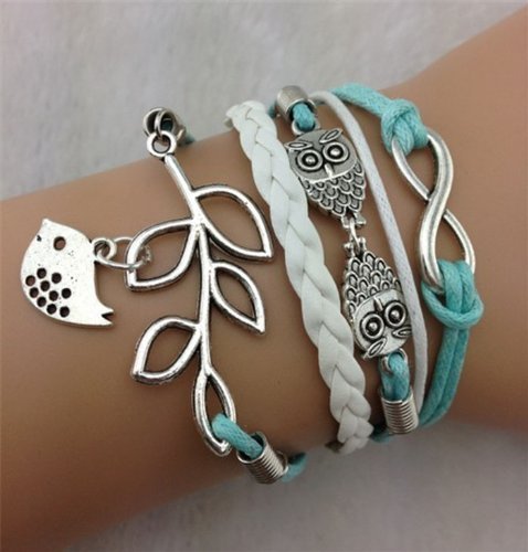 Jovana Vintage Handmade Infinity Silver 8 Owl Leaf Bird Leather Bracelet Wristband New