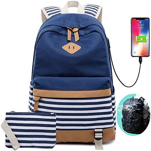 Canvas Backpack School College Womens Laptop Backpack with USB Charging Port 15.6 inch Casual Travel Daypack Teen Girls Rain Cover(Blue)