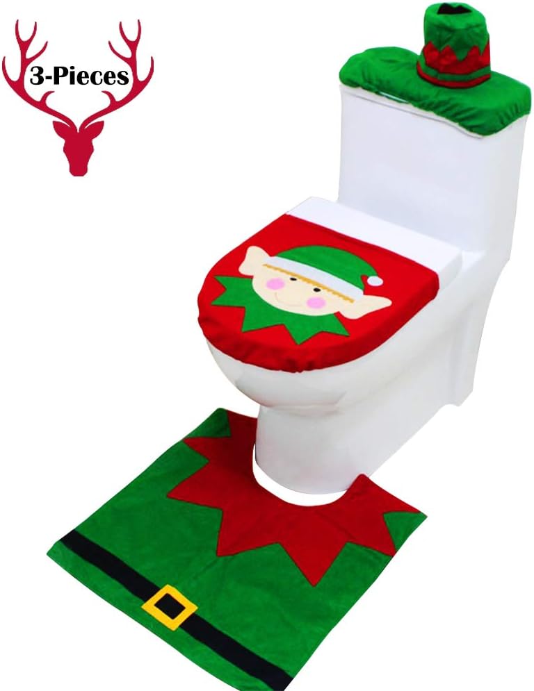 kayhan Christmas Toilet Seat Cover and Rug Set Happy Elf 3pcs Christmas Decorations Bathroom Dรฉcor Supplies Set (Elf)