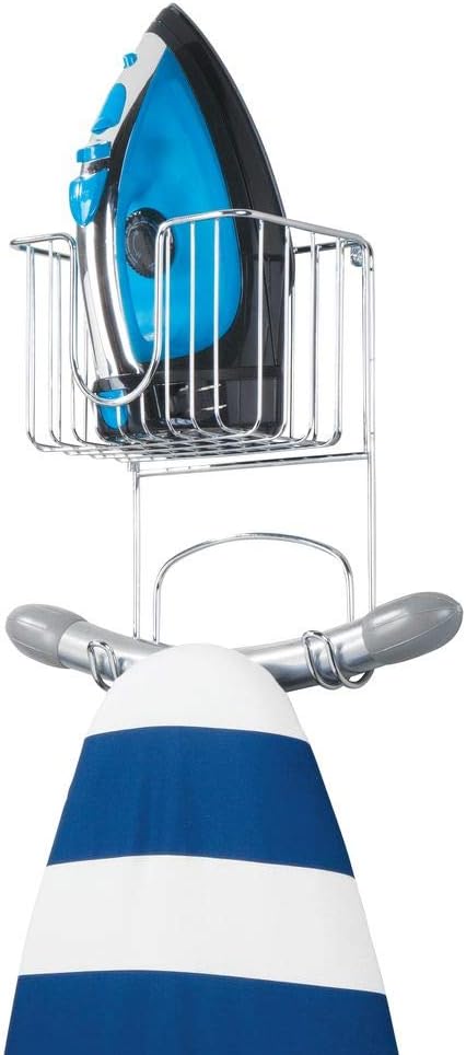 mDesign Wall Mount Metal Ironing Board Holder with Small Storage Basket - Holds Iron, Board, Spray Bottles, Starch, Fabric Refresher for Laundry Rooms - Chrome: Home & Kitchen