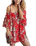 Teamoluna Women's Vogue Off-The-Shoulder Plum Blossom Chiffon Dress Red One Size