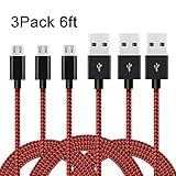 AOFU Micro USB Cable,3Pack 6FT Long Nylon Braided High Speed 2.0 USB to Micro USB Charging Cord Fast Charger Cable for Samsung Galaxy S7/S6/Edge,Android,Note 4/5,HTC,LG,Nexus-Black Red