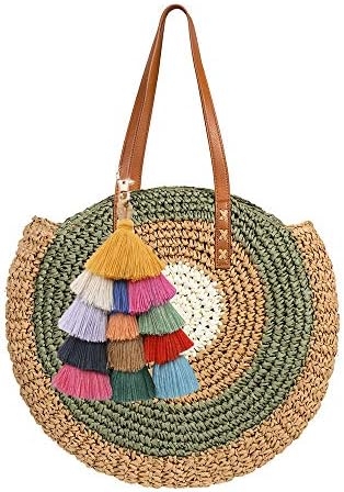Women's straw woven handbag summer beach tote bag Handle Shoulder Bag Straw woven bag with pendant