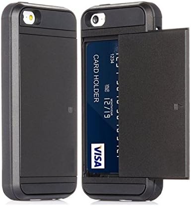 iPhone 5S Case, iPhone SE Case, Slim Light-weight Shock-Proof Protective Case TPU Bumper [Scratch Resistant], Slider Credit Card Slot Wallet Case For Apple iPhone SE/5S/5 (Black)