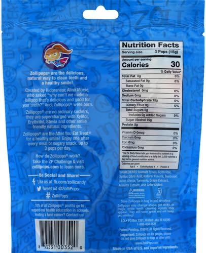 ZOLLIPOPS CLEAN TEETH LOLLIPOPS – ANTICAVITY SUGAR FREE CANDY FOR A HEALTHY SMILE GREAT FOR KIDS, DIABETICS AND KETO DIET. NATURAL FRUIT VARIETY, 3.1 OUNCE