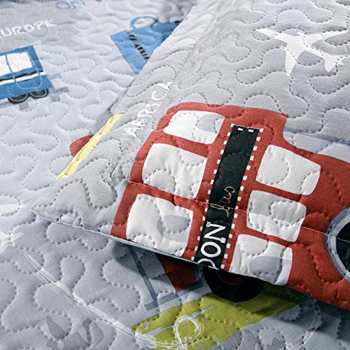 3-Piece Kid\'s Cartoon Public Transportations Quilted Bedspread Coverlet Twin(86x68 Inches),Car,Tax,Bus,Subway Printed Lightweight Quilt Set,Reversible Bedding Set for Boys Girls Children (Twin,Yellow)