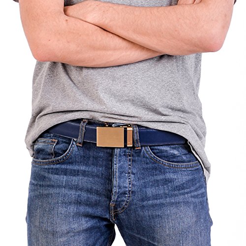 Mission Belt Men's Ratchet Belt - Gold 40 - Gold Buckle / Deep Blue Leather, Large (36 - 38)