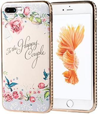 iPhone 8 plus Case, iPhone 7 plus Case, Emboss Printed Luxury Flower &amp; Romance, Bling Diamond Rhinestone in Gold Bumper with Anti-Slip Grip, For iPhone 8plus/7plus, Rose White (5.5")