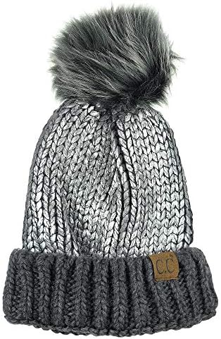 C.C Womens Faux Fur Pom Shiny Metallic 