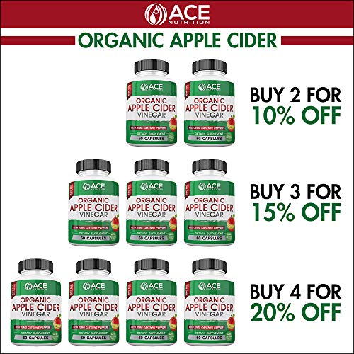 ACE Nutrition Organic Apple Cider Vinegar Capsules (600mg) Natural Detox and Weight Loss Supplements | Cayenne Pepper Metabolism Booster | Raw, Pure, Non-GMO, Gluten Free
