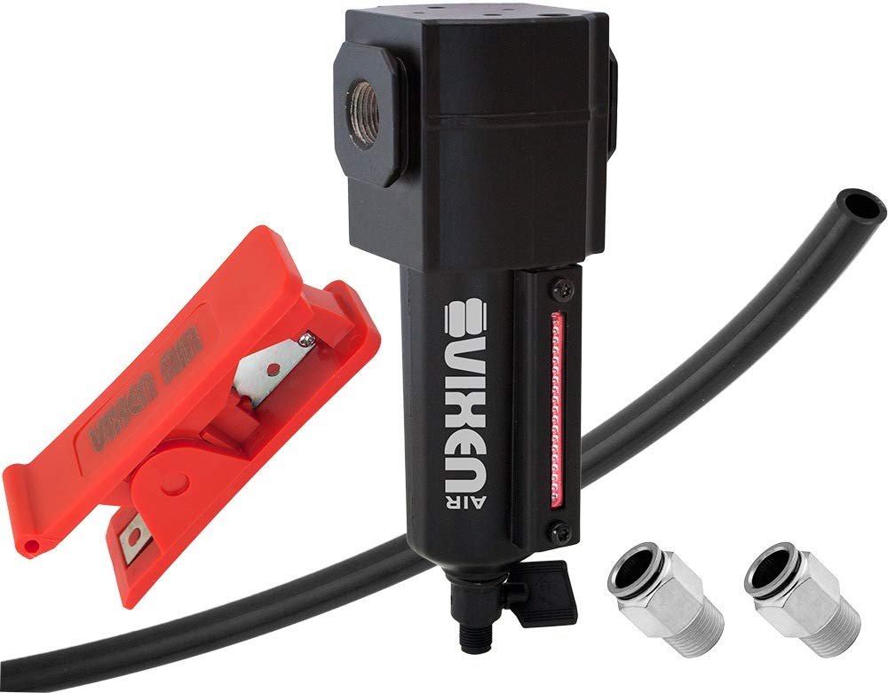 Vixen Air 3/8" NPT in-line Aluminum Air Filter (Water Trap/Separator) for Air Ride/Suspension/Air Tools Black with 1/2" OD Hose (4FT), Two 3/8" NPT Male PTC Fittings and Hose Cutter Kit VXK3912B