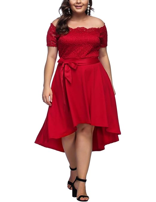 FeelinGirl Damen Plus Size Große Größen Elegantes Langes Spitzenkleid Cocktailkleid Abendkleid Hochzeit Brautkleid mit kurz Ä