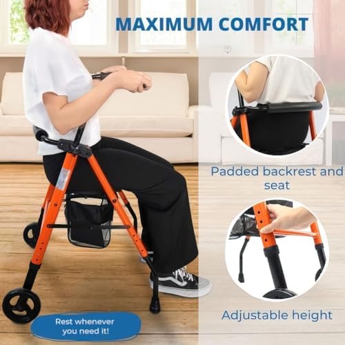 , Andador Plegable, Ligero, Nerón, con Asiento y Respaldo, 2 ruedas, Conteras Antideslizantes, Máx. 100 Kg, Cesta, Acero, Naranja