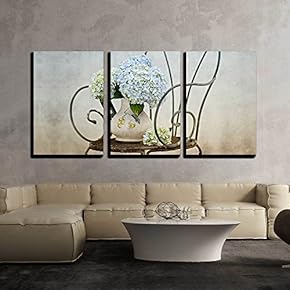 3 Piece Canvas Wall Art - Still Life with Hortensia Flowers in Old Vase on Retro Chair - Modern Home Art Stretched and Framed Ready to Hang - 16"x24"x3 Panels
