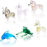 Hobbspring 6Pcs Hand Blown Glass Figurines Miniature Animal Decor Colorful Glass Animal Frog Sika Deer Elephant Mythical Dolphin Dog for Collectible Home Decor Gifts