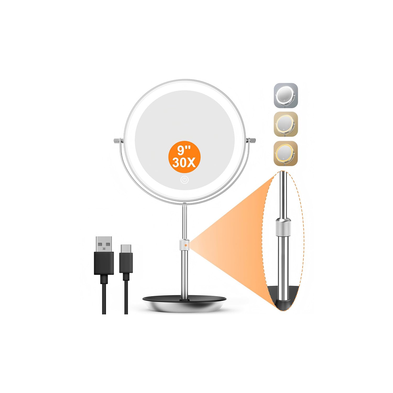 Auxmir 9'' Lighted Magnifying Mirror with 1X/30X, Height Adjustable Double Sided Touch Makeup Mirror with Tweezers, 3 Color Lights & Stepless Dimmable, 360° Swivel Rechargeable Cosmetic Vanity Mirror