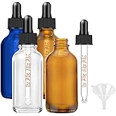 Dropper Bottle 2 oz, Bumobum Amber Clear Blue Glass Eye Dropper Bottles for Essential Oils with Labels and Funnel, 4 pack Tin