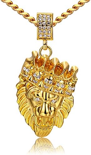 Devil Throne Mens Gold Pendant Necklace with stainless steel chain, real gold plated stainless steel Skeleton Lion King necklace
