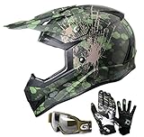 GLX Youth Kids Off Road Motocross ATV Dirt Bike Helmet Camouflage Green [DOT] +Gloves+Goggles (L)