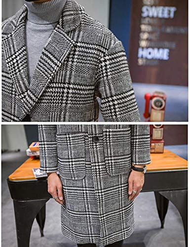 Uaneo Men's Casual Notch Lapel Single Breasted Plaid Mid Long Trench Pea Coat (Gray, X-Large)