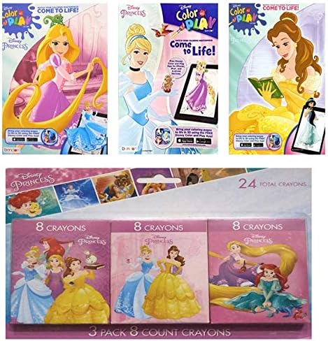 Color and Play Disney Princess Come to Life! - 3 Coloring Activity Books Bundle 3 Pack Disney Princess Crayons (Total 24 Crayons) - TG-02