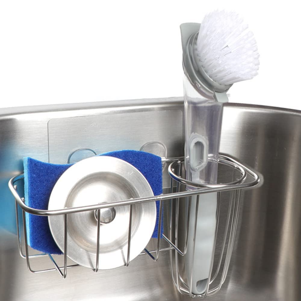 Photo 1 of HULISEN 3-in-1 Sponge Holder for Kitchen Sink with Dish Brush Holder, Stainless Steel Caddy for Soap, Scrubber, No Drill and Rustproof, Silver