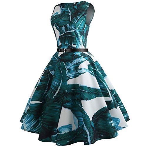 iZHH Women Fashion Vintage Print Dirndl Casual Simple Evening Party Prom Swing Dress Belt(Green,XL)