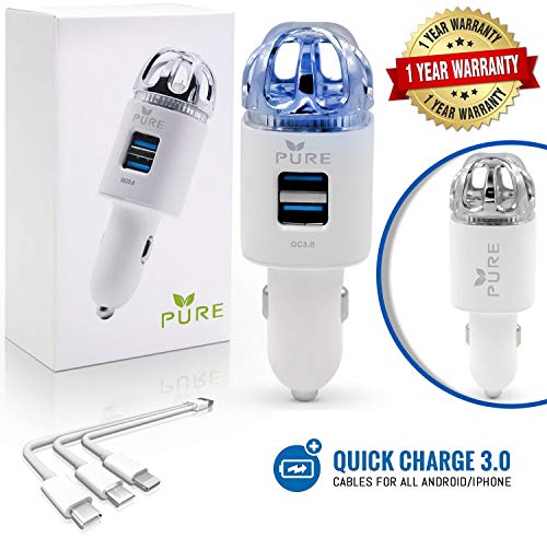 Car Air Purifier 3in1 Premium Stainless Steel HEPA Filter Ionizer w/Dual USB Quick Charge 3.0 USB-Eliminate Allergens Odor Smell, Smoke, Pets, Pollen Mold Bacteria w/Anti-Microbial Deodorizer (White)