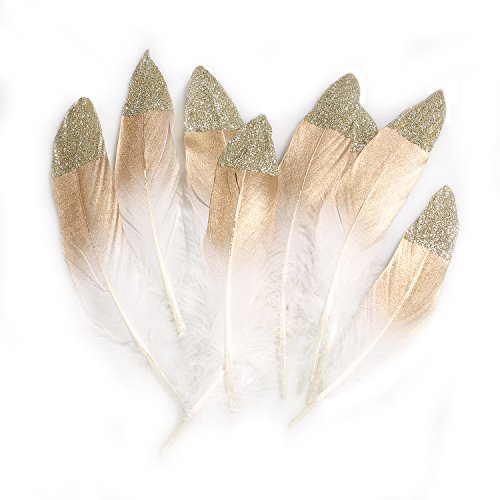 Ling's moment 12 Pcs Gold Dipped with Champagne Glitter Feather in Bulk for Craft Party Sparkle Decoration Goose Feathers Crafts Boho Dream Catcher Supplies