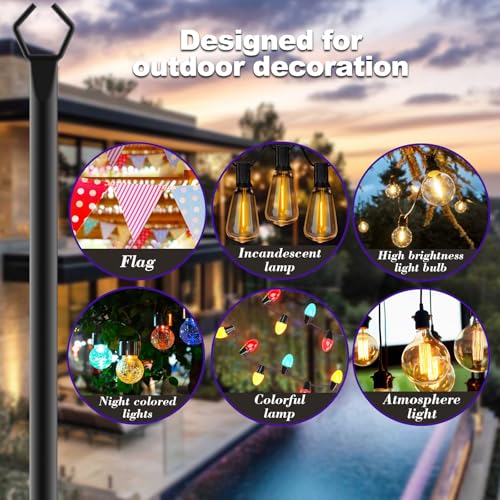 zoegi 4 Pack 10Ft String Light Poles,Light Poles for Outside Lights with Fork,Outdoor Brackets Hanging Lights,Metal Stand for Deck Patio,Backyard,Wedding,Deck,Party (4Pack)