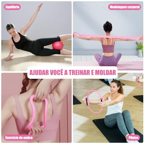 Kit Essencial de Pilates para Mulheres, Kit de Pilates para Exercícios em Casa, Equipamento de Pilates, Conjunto de Anel e Bola de Pilates com Faixas de Resistência e Bumbum, Anéis de Pilates de 38cm