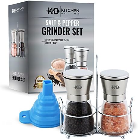Premium Salt and Pepper Grinder Set Brushed Stainless Steal & Glass Mills With Matching Stainless Steel Stand + FREE Silicone Funnel - Adjustable Coarseness Ceramic Rotor- Salt and Pepper Shakers