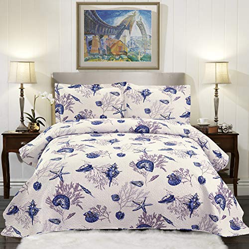 Beach Bedspread 3 Piece Quilt Set King Size Ocean Bedding Lightweight Beach Quilts Coverlet