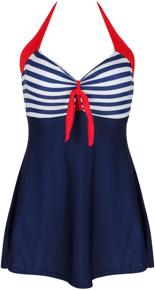 Kiddom Women Vintage Sailor Pin Up Skirted Swimsuit Halter Stripes Beach Dress Plus Size