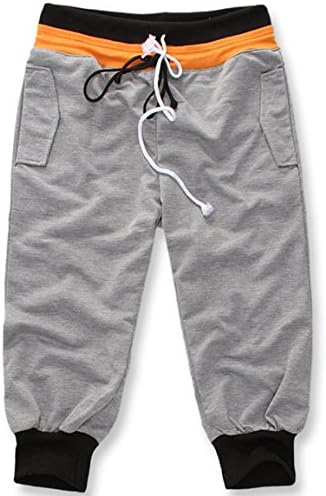 FLF Men's Knit 3/4 Sport Pants Shorts Casual Harem Baggy Burnout Jogger Shorts (S, Grey)