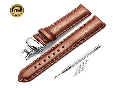 iStrap 18mm Genuine Leather Watch Band Padded Calfkin Strap Steel Deployant Clasp Super Soft-Brown