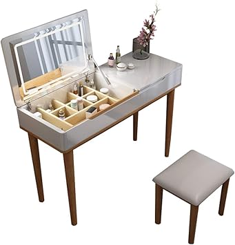 Amazon Com Wooden Vanity Table Set With Flip Top Mirror Makeup Dresser Table With One Large Drawers Writing Desk With Cushioned Stool Vanity Desk For Bedroom Furniture Decor