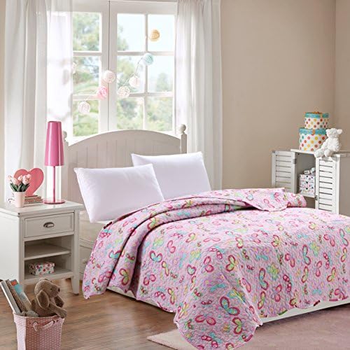 Pink Girls Quilts Twin Size 55"x78" Lovely Printed Butterflies Patterns Patchwork Bedspread, 100% Cotton Single Bed Reversible Reversible Quilt Coverlet All Seasons Style5