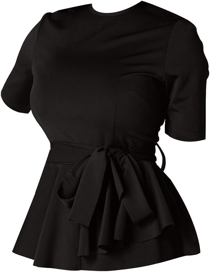 Women's Short Sleeve Waist-Tie Tops Solid Loose Fit T-Shirt Blouse