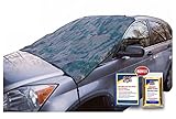 SnowOFF Camo Print Car Windshield Snow Cover Sun Shade Protector - WINDPROOF Straps, Wings, Suction Cups, Magnets - BONUS Demist Cloth + Blanket - Winter Ice Rain Frost Guard Automotive Hood Covers