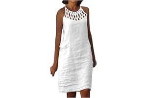 ABOUTYES Women 2024 Summer Cotton Linen Dresses Hollow Out Crewneck Sleeveless Tank Dresses Casual Beach Sundress Outfits
