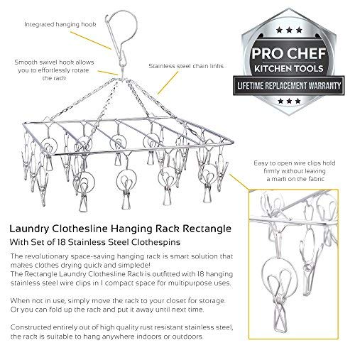 Pro Chef Kitchen Tools Laundry Drying Rack - Rectangle Hanging Clothes Dryer with 18 Clothes Pins - Hangers with Clips - Retractable Clothesline - Mitten Drying Rack - Indoor Outdoor Laundry Hanger - Thumbnail 2