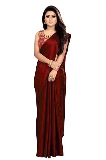 Market Magic World Womens Satin Silk Plain Saree With Bloues Piece