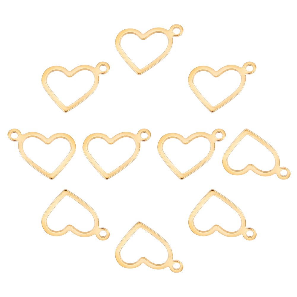 UNICRAFTALE 100pcs Hollow Heart Charm Golden Charms Stainless Steel Pendants Set Charm 1mm Small Hole for Jewelry Making, 10mm